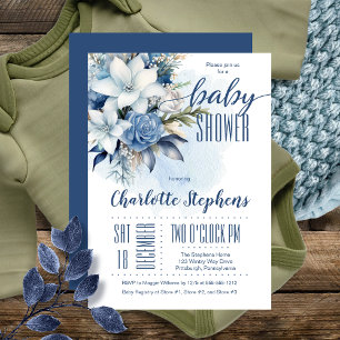 Elegant Blue Winter Floral Boy Baby Shower Invitation