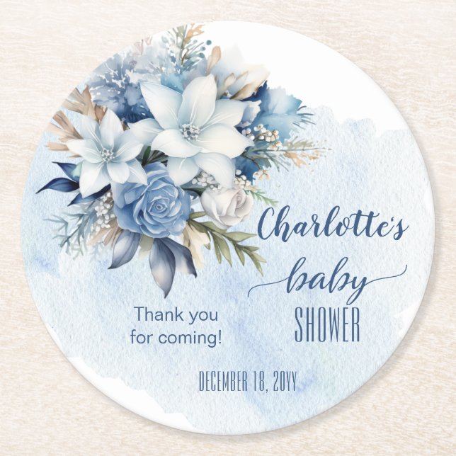 Elegant Blue Winter Floral Boy Baby Shower Round Paper Coaster (Front)