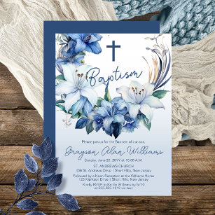 Elegant Blue Winter Floral Boy Baptism Invitation