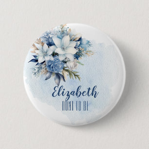 Elegant Blue Winter Floral Shower Aunt to Be 6 Cm Round Badge