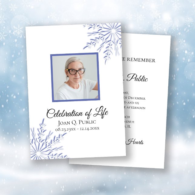 Elegant Blue Winter Snowflakes Celebration of Life Invitation (Creator Uploaded)