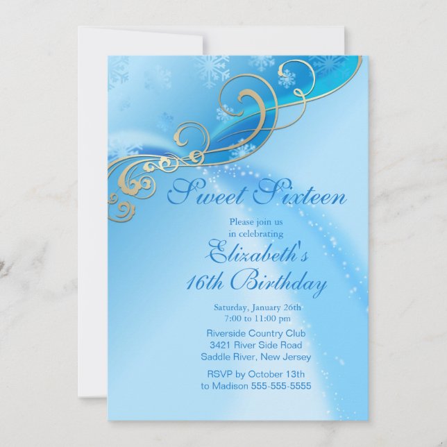 Elegant Blue Winter Sweet Sixteen Birthday Invitation (Front)