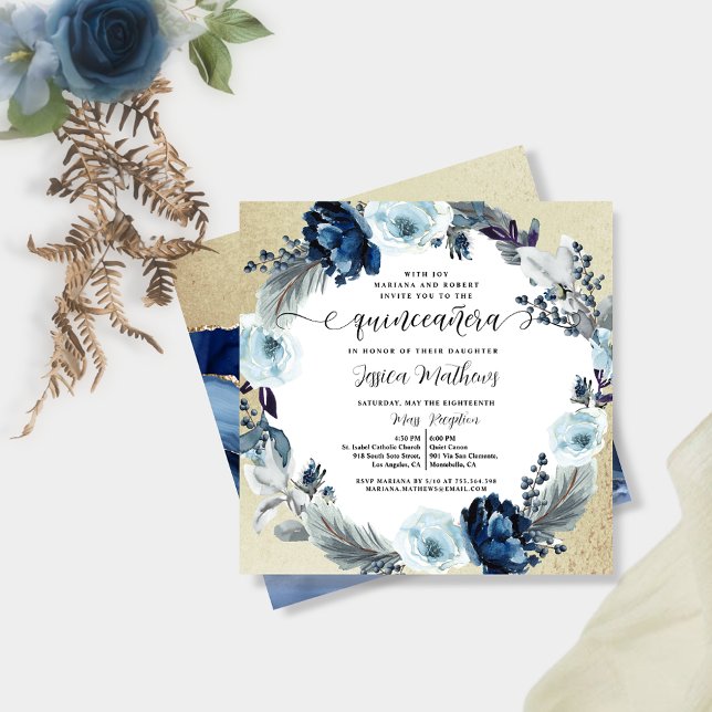 Elegant Blue with Gold Floral Quinceañera Invitation (Creator Uploaded)