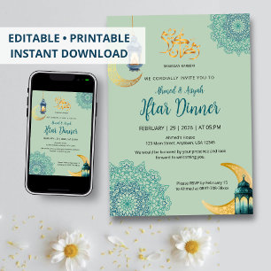Elegant Blue with Lantern and Crescent Moon Iftar Invitation