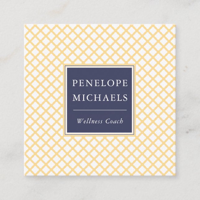 Elegant Blue with Yellow Trellis Pattern Square Business Card (Front)