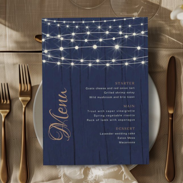 Elegant Blue Wood String Lights Wedding Menu (Creator Uploaded)