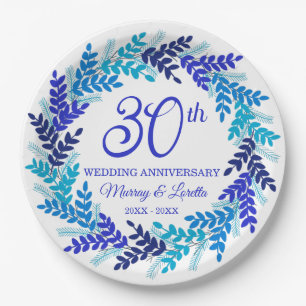 Elegant Blue Wreath 30th Anniversary Party Paper Plate