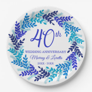 Elegant Blue Wreath 40th Anniversary Party Paper Plate