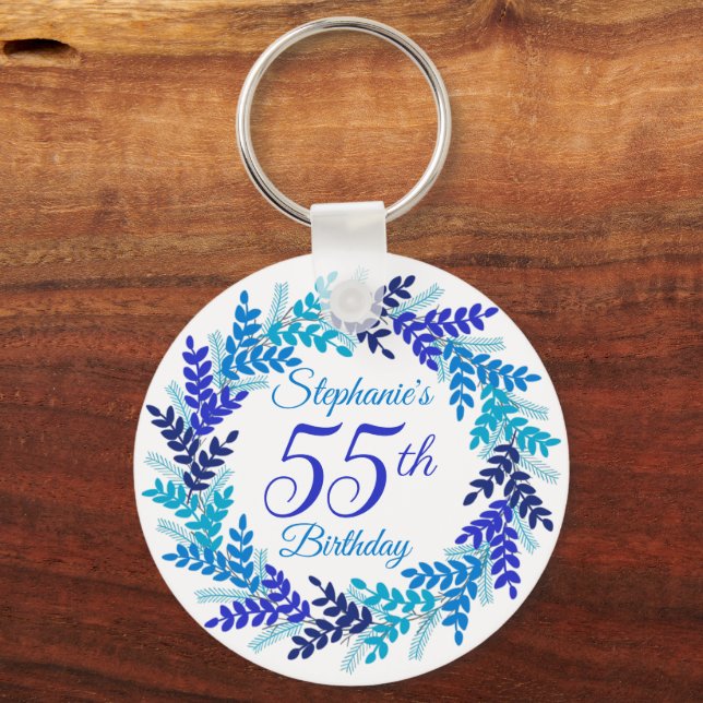 Elegant Blue Wreath 55th Birthday Key Ring (Front)