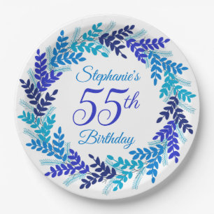 Elegant Blue Wreath 55th Birthday Paper Plate
