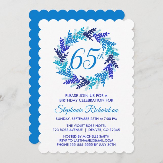 Elegant Blue Wreath 65th Birthday Invitation (Front/Back)