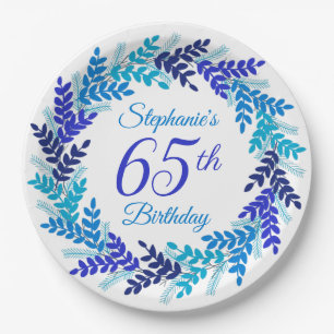 Elegant Blue Wreath 65th Birthday Paper Plate