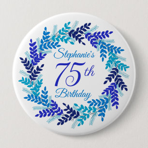 Elegant Blue Wreath 75th Birthday 10 Cm Round Badge