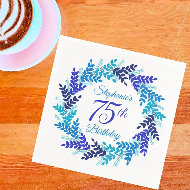 Elegant Blue Wreath 75th Birthday Napkin (Creator Uploaded)