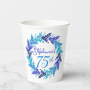 Elegant Blue Wreath 75th Birthday Party Paper Cups
