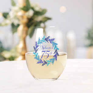 Elegant Blue Wreath 75th Birthday Party Stemless Wine Glass