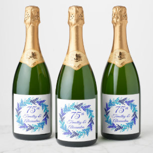 Elegant Blue Wreath 75th Wedding Anniversary Sparkling Wine Label