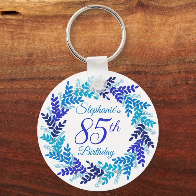 Elegant Blue Wreath 85th Birthday Key Ring (Front)