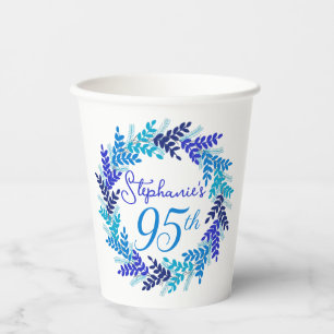 Elegant Blue Wreath 95th Birthday Party Paper Cups