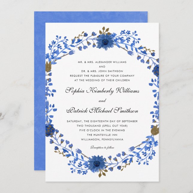 Elegant Blue Wreath | all parents hosting wedding Invitation (Front/Back)