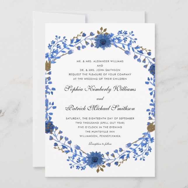 Elegant Blue Wreath | all parents hosting wedding Invitation (Front)