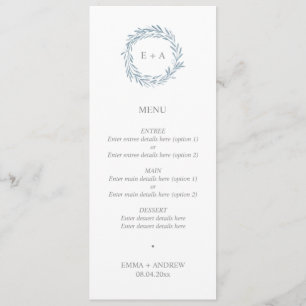 Elegant Blue Wreath Monogram Wedding Menu