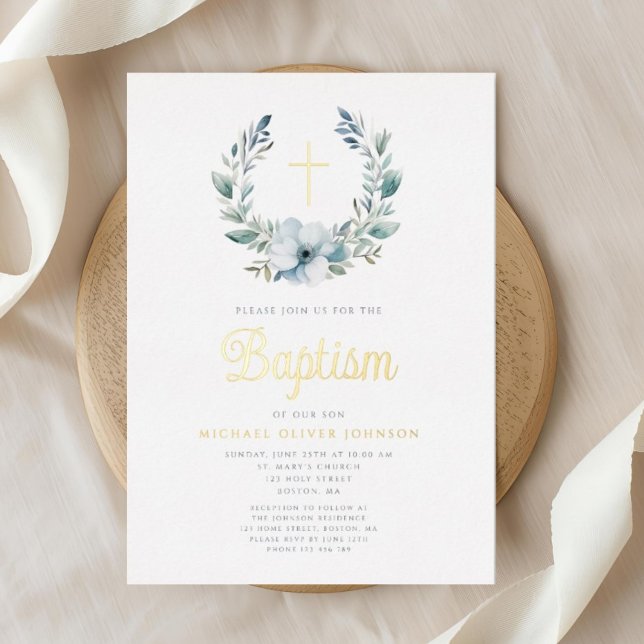 Elegant Blue Wreath Religious Cross Boy Baptism (Elegant Blue Wreath Religious Cross Boy Baptism Foil Invitation)
