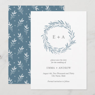Elegant Blue Wreath Save the Date - Back Pattern Invitation