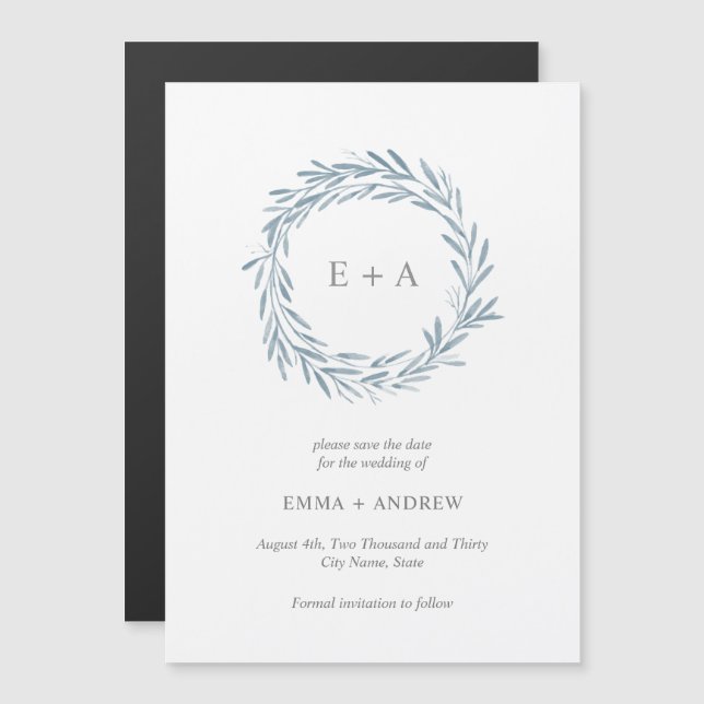 Elegant Blue Wreath Save the Date Magnetic Invitation (Front/Back)