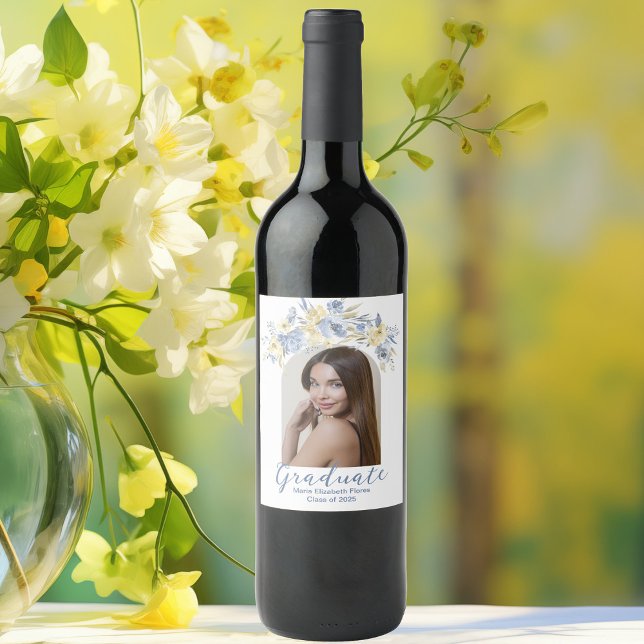 Elegant Blue Yellow Floral Graduation Party Wine Label (Creator Uploaded)