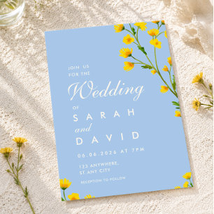 Elegant Blue & Yellow floral Mediterranean wedding Invitation