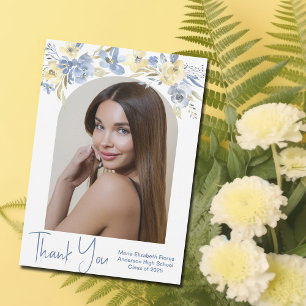 Elegant Blue Yellow Floral Photo Graduate Thank You Card