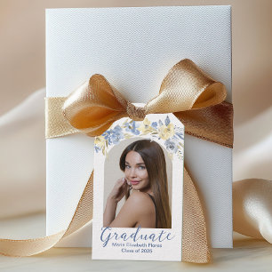 Elegant Blue Yellow Floral Photo Graduation Party Gift Tags