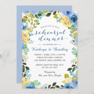 Elegant Blue Yellow Rose Garden Rehearsal Dinner Invitation