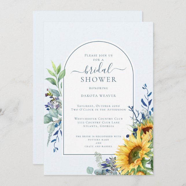 Elegant Blue Yellow Sunflower Bridal Shower  Invitation (Front/Back)