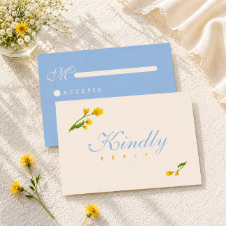 Elegant Blue & Yellow watercolor floral wedding RSVP Card