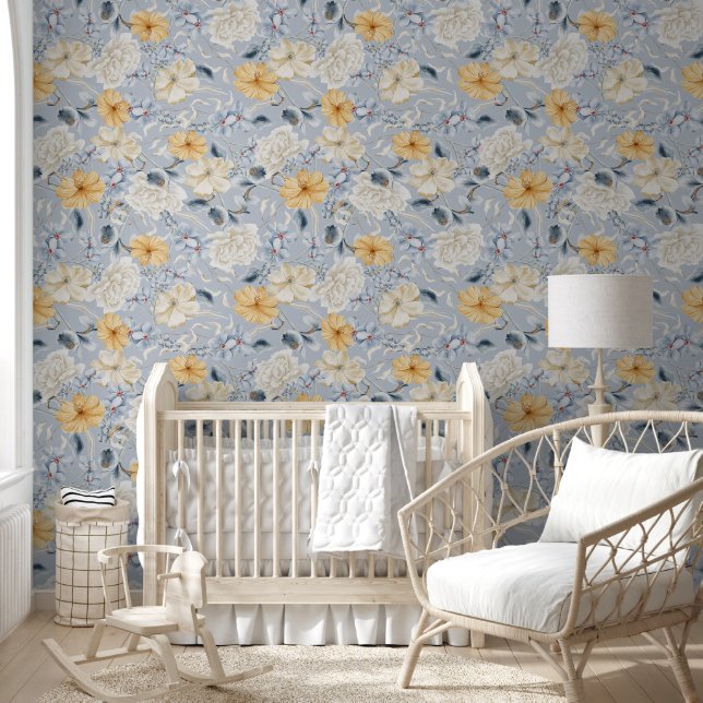 Elegant Blue Yellow/White Floral Pattern, Lt Blue Wallpaper (Kids)