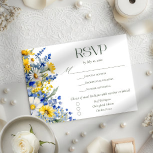 Elegant Blue Yellow Wildflower Wedding Meal Choice RSVP Card