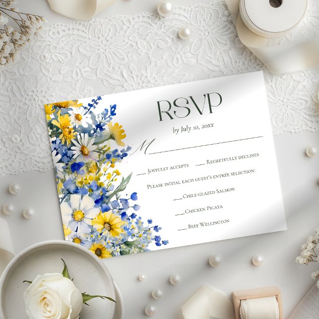 Elegant Blue Yellow Wildflower Wedding Meal Choice RSVP Card (Creator Uploaded)
