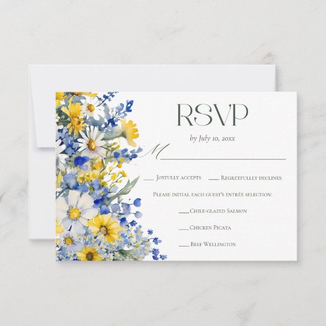 Elegant Blue Yellow Wildflower Wedding Meal Choice RSVP Card (Front)