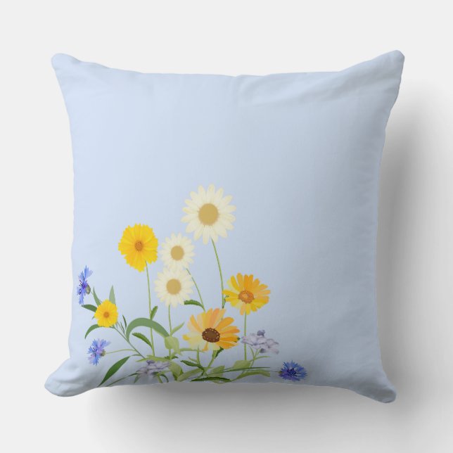 Elegant Blue Yellow Wildflowers Cushion (Front)