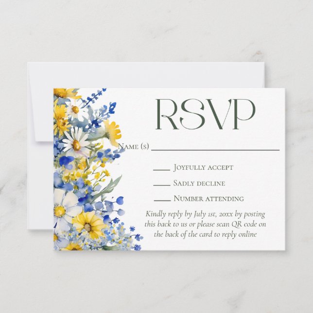Elegant Blue Yellow Wildflowers QR Code Wedding RSVP Card (Front)