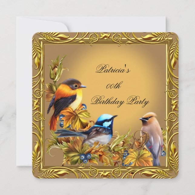 Elegant Bluebird Bird Caramel Gold Birthday Party Invitation (Front)