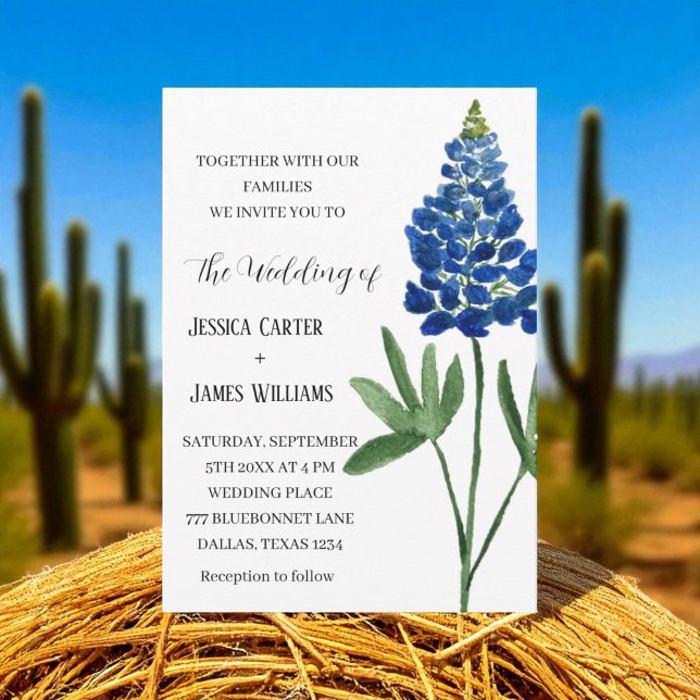Elegant Bluebonnet Texas Watercolor Floral Wedding Invitation (Creator Uploaded)