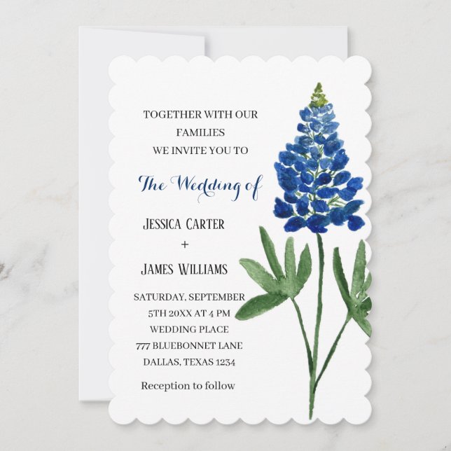 Elegant Bluebonnet Texas Watercolor Floral Wedding Invitation (Front)
