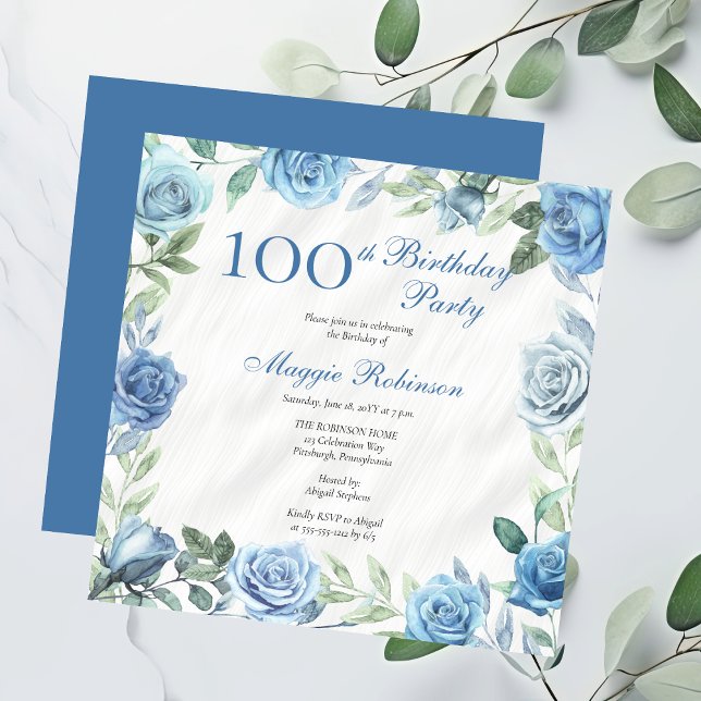 Elegant BlueRose Floral Frame 100th Birthday Party Invitation (Elegant Blue Roses Floral Frame 100th Birthday Party Invitation - Available in Print and/or Digital)