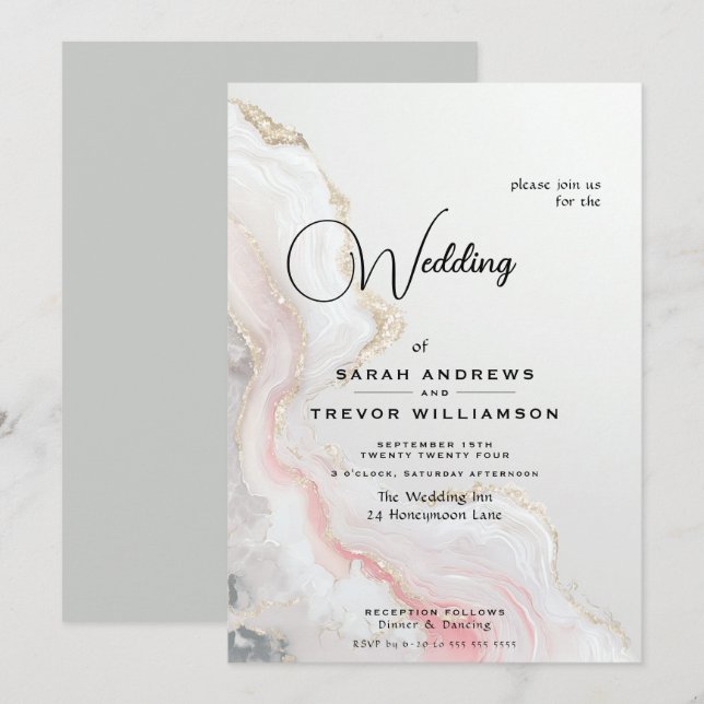 Elegant Blush Agate Fluid Ink  Invitation (Front/Back)