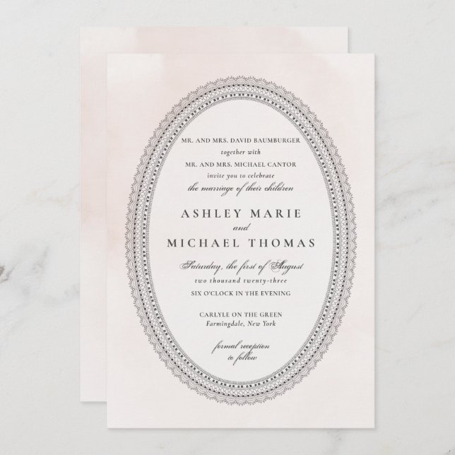 Elegant Blush and Black Watercolor Lace Wedding Invitation (Front/Back)