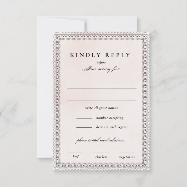 Elegant Blush and Black Watercolor Lace Wedding RSVP Card (Front)