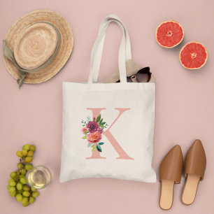 Elegant Blush and Burgundy Floral Monogram Initial Tote Bag